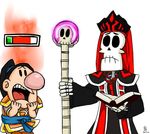  bad_id bad_pixiv_id billy_(grim_adventures) book crown frown gameplay_mechanics glowing grim_(grim_adventures) happle health_bar karthus league_of_legends open_mouth parody ponytail signature skeleton skull staff style_parody teeth the_grim_adventures_of_billy_&amp;_mandy tongue xin_zhao 