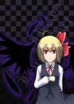  ahoge black_wings blonde_hair bow checkered checkered_background detached_wings earlgrey feathers hair_bow highres long_sleeves no_nose red_eyes rumia short_hair solo touhou wings 