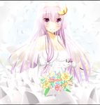  alternate_costume blush bouquet breasts bridal_veil cleavage crescent crescent_hair_ornament dress elbow_gloves flower gloves hair_ornament hair_ribbon highres large_breasts letterboxed long_hair patchouli_knowledge pink_flower pink_rose purple_eyes purple_hair ribbon rose smile solo touhou veil warabi_mochi_(ehimedaisuki) wedding_dress yellow_flower yellow_rose 