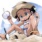  :d aqua_eyes bikini blush_stickers from_below ham_(points) hat holding navel open_mouth original pink_hair rake sandals sitting smile solo striped striped_bikini swimsuit tan 