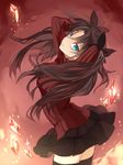  arms_behind_head arms_up bad_id bad_pixiv_id black_legwear blue_eyes brown_hair buun_ko fate/stay_night fate_(series) fire gem hair_ribbon head_tilt highres long_hair long_sleeves looking_at_viewer pleated_skirt ribbed_sweater ribbon skirt solo sweater thighhighs toosaka_rin turtleneck two_side_up 