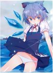  absurdres blue_eyes blue_hair bow cirno cloud cloudy_sky dress dress_lift fuyuno_haruaki hair_bow highres ice misty_lake mouth_hold panties puffy_sleeves ribbon ribbon_in_mouth scan scarlet_devil_mansion short_hair sky solo touhou underwear wading water white_panties wings 
