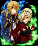  2boys arc_system_works ash_crimson belt black_nails blazblue blazblue:_calamity_trigger blonde_hair crossover fire gloves green_eyes green_fire headband ice king_of_fighters kisaragi_jin male male_focus multiple_boys nail_polish short_hair smile wink 