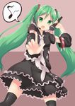  :d binsen dress eighth_note green_eyes green_hair hatsune_miku highres index_finger_raised long_hair looking_at_viewer microphone musical_note open_mouth outstretched_arm simple_background smile solo speech_bubble spoken_musical_note thighhighs twintails very_long_hair vocaloid 