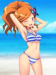  ;d ageha_(sister_quest) armpits arms_up bikini blush breasts brown_hair butterfly_hair_ornament cleavage day hair_ornament hairpin image_sample jewelry long_hair medium_breasts mole mole_under_eye necklace nicoseiga_sample one_eye_closed open_mouth ponytail purple_eyes sister_quest smile solo striped striped_bikini swimsuit takappe 