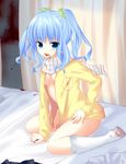 bad_id bad_pixiv_id bed blood blood_in_mouth blue_eyes blue_hair blush breasts cleavage curtains highres long_sleeves medium_breasts mimura_zaja open_mouth original short_hair solo twintails 