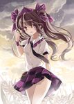  brown_hair cloud hat himekaidou_hatate long_hair necktie pointy_ears pouch puffy_sleeves purple_eyes short_sleeves smile solo sumi_mi tokin_hat touhou twintails 