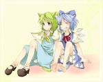 animal_ears bloomers blue_eyes blue_hair blush bow cat_ears cat_tail cirno closed_eyes daiyousei fairy_wings green_hair grin hair_bow ice ice_wings kemonomimi_mode mary_janes misocha multiple_girls puffy_sleeves shoes short_hair short_sleeves sitting smile tail touhou underwear wings 