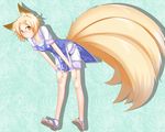  adapted_costume alternate_hairstyle animal_ears blonde_hair blush brown_eyes feet fox_ears fox_tail hair_ornament hairclip leaning_forward multiple_tails no_hat no_headwear sandals short_hair smile solo tail tamahana touhou yakumo_ran 