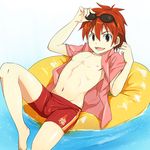  assault_squadron_danjija bad_id bad_pixiv_id brown_eyes bulge eyewear_on_head fukuoka_kousuke innertube kyouta_(a01891226) kyuushuu_sentai_danjiger male_focus navel open_clothes open_mouth open_shirt red_hair shirt smile solo sunglasses swimsuit water 