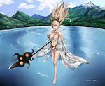  armor bad_id bad_pixiv_id bare_shoulders barefoot bikini_armor breasts bustier cleavage collarbone darkautism feet gloves highres janna_windforce lake large_breasts league_of_legends mountain pointy_ears signature solo staff tiara toenails white_gloves 