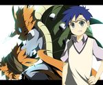  bad_id bad_pixiv_id blue_eyes blue_hair digimon digimon_adventure fur glasses glowing glowing_eyes grey_eyes horn kido_jou lemon_(wzcrybmi) letterboxed monster shell short_sleeves spikes zudomon 