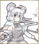  ahoge animal animal_ears antenna_hair basket capelet character_name dowsing_rod dual_wielding earlgrey grey_hair holding long_sleeves mouse mouse_ears mouse_tail nazrin red_eyes shikishi solo tail touhou traditional_media 