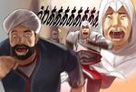  3boys altair_ibn_la-ahad assassin's_creed assassin's_creed_(series) bad_id bad_pixiv_id beard blade brown_gloves chasing commentary_request constricted_pupils crying crying_with_eyes_open facial_hair fingerless_gloves gloves helm helmet hidden_blade hood koroshiya_ichi male_focus multiple_boys open_mouth pants parody running runny_nose sash stubble sweat takeda_kanryuusai tears turban vambraces weapon 