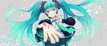  bad_id bad_pixiv_id detached_sleeves foreshortening green_eyes green_hair hatsune_miku headset long_hair musical_note necktie open_mouth outstretched_arm sabutarou skirt solo twintails very_long_hair vocaloid 