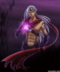  abs bad_id bad_pixiv_id bare_shoulders bottomless cape glowing league_of_legends long_hair male_focus midriff pointy_ears rokugatsu_no_usagi signature silver_eyes silver_hair solo strap varus 