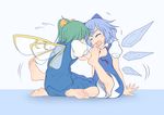  2girls barefoot bloomers blue_hair bow cirno closed_eyes commentary_request daiyousei fairy_wings fang feet green_hair hair_bow iromeki_overdrive multiple_girls open_mouth side_ponytail sitting smile soles toes touhou underwear wariza wings 