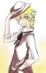  blonde_hair formal genderswap genderswap_(ftm) hat kirisame_marisa short_hair smile suit touhou yellow_eyes yuuta_(monochrome) 