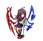  ahoge asymmetrical_wings black_hair black_legwear bow earlgrey houjuu_nue long_hair no_nose polearm red_eyes short_sleeves simple_background snake solo thighhighs touhou trident ufo weapon white_background wings 