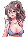  1girl breasts brown_hair cleavage dragon_quest dragon_quest_x emappo horns large_breasts long_hair monster_girl ogre_(dq10) pointy_ears red_eyes red_skin solo spikes tattoo 