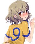  blush from_behind inazuma_eleven_(series) inazuma_eleven_go looking_back male_focus matarou_(genkai_toppa) open_mouth orange_eyes raimon raimon_soccer_uniform shindou_takuto simple_background soccer_uniform solo sportswear white_background 