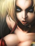  1girl bat_(symbol) bat_symbol batman_(series) blonde_hair blue_eyes breasts cleavage collar dc_comics female harley_quinn lapel_pin large_breasts mahenbu realistic solo 