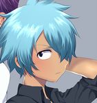  aqua_hair black_eyes face grey_background hair_over_one_eye inazuma_eleven_(series) inazuma_eleven_go kurama_norihito male_focus matarou_(genkai_toppa) purple_hair short_hair simple_background solo_focus upper_body 