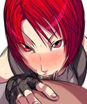  bare_shoulders blush cum cum_in_mouth deepthroat dino_crisis elbow_gloves fellatio fingerless_gloves gloves hetero looking_at_viewer male_pubic_hair oral overflow penis pov pubic_hair red_eyes red_hair regina sawao short_hair uncensored 