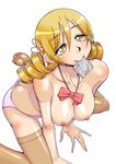  blonde_hair bow breasts condom condom_in_mouth drill_hair looking_up mahou_shoujo_madoka_magica medium_breasts mouth_hold nipples ono_kenuji panties solo striped striped_panties thighhighs tomoe_mami underwear 