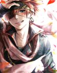  1boy blush d.gray-man earring earrings eyepatch green_eyes grin headband highres jacket jewelry lavi lma male male_focus nostrils petals portrait red_hair scarf smile solo sparkle sparkles 
