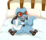  balls bed cub diaper flaccid hindpaw male nintendo open_mouth paws penis pok&#233;mon pokemon red_eyes riolu schnecken sheath sitting small_penis solo spread_legs spreading video_games young 
