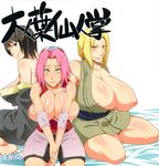  3girls areola_slip areolae black_eyes blonde_hair breasts brown_hair green_eyes haruno_sakura highres huge_breasts karakishi_youhei-dan multiple_girls naruto nipples pink_hair sakura_haruno shizune shizune_(naruto) sunahara_wataru threesome translation_request tsunade yellow_eyes 