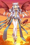  blue_eyes choker cloud demon_girl demon_tail demon_wings erect! flying game_cg highres horns long_hair looking_at_viewer lunastia_asteel navel piromizu silver_hair sky solo sunset tail thighhighs tree white_legwear wings 