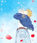  blonde_hair blue_jacket bomber_jacket denim jacket jeans keith_goodman male_focus mamemo_(daifuku_mame) pants perspective petals sky solo tiger_&amp;_bunny 