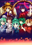  aki_shizuha belt blonde_hair blue_eyes blue_hair blush bow brown_hair detached_sleeves eyes frog_hair_ornament front_ponytail green_eyes green_hair hair_bobbles hair_bow hair_ornament hat kagiyama_hina kawashiro_nitori key kochiya_sanae leaf long_sleeves maple_leaf moriya_suwako mountain_of_faith multiple_girls open_mouth puffy_sleeves red_eyes rei-ru rope shameimaru_aya shimenawa short_sleeves snake_hair_ornament tokin_hat touhou wide_sleeves yasaka_kanako yellow_eyes 