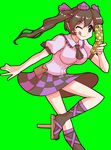  ascot brown_hair cellphone collarbone green_background hat himekaidou_hatate long_hair mono_(moiky) one_eye_closed phone pointy_ears pouch puffy_sleeves short_sleeves solo tokin_hat tongue touhou twintails 