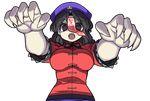  black_eyes black_hair breasts chinese_clothes fingernails hat large_breasts miyako_yoshika mono_(moiky) open_mouth outstretched_arms sharp_fingernails short_sleeves solo star touhou transparent_background zombie_pose 
