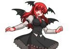  bat_wings breasts head_wings koakuma large_breasts long_hair long_sleeves mono_(moiky) necktie open_mouth puffy_sleeves red_eyes red_hair red_neckwear solo touhou transparent_background wings 