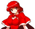  alphes_(style) cape capelet long_sleeves mono_(moiky) okazaki_yumemi parody red_capelet red_eyes red_hair short_hair smile solo style_parody touhou touhou_(pc-98) transparent_background 