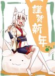  animal_ears blush brush cover detached_sleeves highres inubashiri_momiji mofuji obi open_mouth red_eyes sash sitting solo touhou translation_request umeboshi_(lazy_lazy) white_hair wide_sleeves wolf_ears 