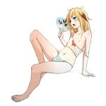  blonde_hair blue_eyes blush bulge chung_seiker commentary_request elsword fan flip-flops full_body fury_guardian_(elsword) hair_flaps long_hair male_focus navel nipples otoko_no_ko panties paper_fan sandals solo striped striped_panties uchiwa underwear waero 