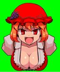  aki_minoriko alternate_hair_color breasts cleavage collarbone fangs food fruit grapes green_background hat large_breasts mono_(moiky) open_mouth orange_hair puffy_sleeves red_eyes short_hair slit_pupils solo teasing touhou upper_body 