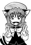  animal_ears bad_id bad_pixiv_id bow cat_ears cat_tail chen greyscale hamahara_yoshio hat highres long_sleeves monochrome multiple_tails open_mouth short_hair solo tail touhou v 