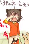  ahoge animal_ears bad_id bad_pixiv_id brown_hair cat_ears cat_tail chen chinese_clothes closed_eyes crying earrings hamahara_yoshio hands jewelry long_sleeves multiple_tails open_mouth panties solo standing tail tears touhou underwear 