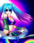  arcade_sona blue_hair bra breasts cleavage controller crop_top etwahl fingerless_gloves fingernails gloves gradient_hair instrument jewelry joystick league_of_legends lips medium_breasts multicolored_hair necklace purple_bra purple_hair solo sona_buvelle star sunglasses underwear ymtoto 