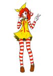  :t eating food genderswap genderswap_(mtf) hamburger joey_(lilinjunyi) long_sleeves mcdonald's red_eyes red_hair ronald_mcdonald short_hair solo standing striped striped_legwear thighhighs v white_background 