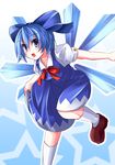  blue_eyes blue_hair bow cirno detached_wings hair_bow ice ice_wings open_mouth puffy_sleeves rei-ru short_hair short_sleeves solo touhou wings 