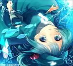  blue_eyes blue_hair character_name etsuo fish frame hair_bobbles hair_ornament hat kawashiro_nitori long_sleeves looking_at_viewer shirt skirt skirt_set solo touhou two_side_up underwater upside-down 