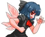 alternate_color alternate_eye_color black_sclera blue_hair bow cirno fang hair_bow ice ice_wings mono_(moiky) open_mouth puffy_sleeves red_eyes short_sleeves solo touhou transparent_background wings 