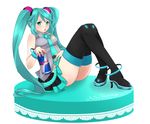  black_legwear boots full_body green_hair hatsune_miku high_heels highres legs long_hair long_legs looking_at_viewer nokko red_bull shoes sitting skirt solo thick_thighs thigh_boots thighhighs thighs very_long_hair vocaloid white_background 